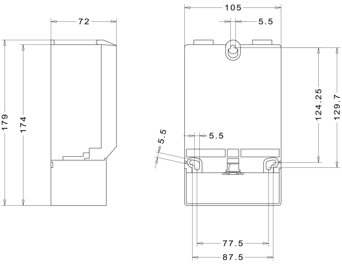 Maßzeichnung: Vorder- und Seitenansicht des Wandgehäuses mit Abmessungen in mm (Höhe 179mm, Breite 105mm, Tiefe 72mm)