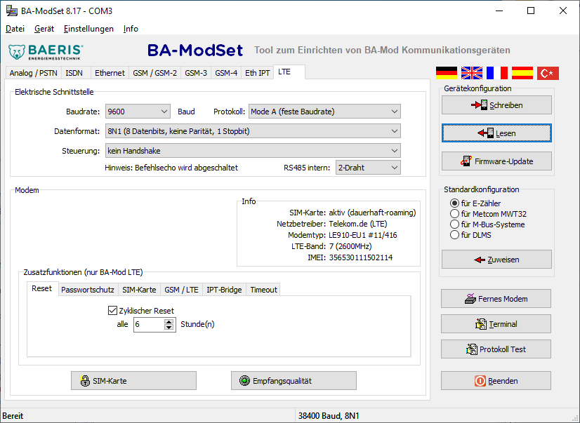 Screenshot BA-ModSet: Hauptfenster mit Registerkarte LTE, elektrischer Schnittstelle und Schaltfläche „Lesen“