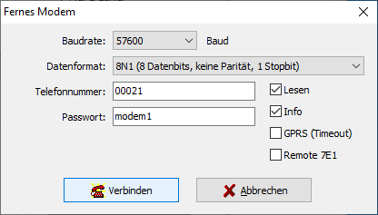 Screenshot BA-ModSet: Dialog „Fernes Modem“ für Firmware-Update über Funkverbindung (Baudrate, Datenformat, Telefonnummer, Passwort)