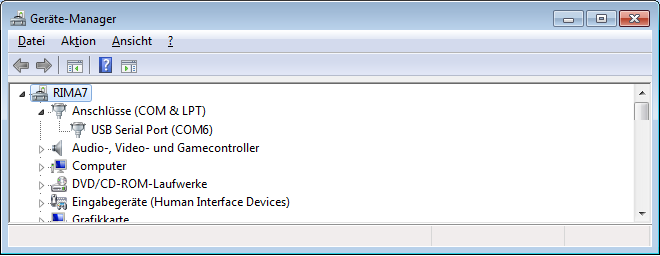 Screenshot Windows-Geräte-Manager: neu angelegter „USB Serial Port (COM6)“ unter Anschlüsse (COM & LPT)