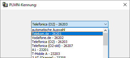 Screenshot BA-ModSet: Auswahlliste PLMN-Kennung mit Mobilfunknetz-Betreibern (Telekom, Vodafone, Telefónica u.a.)