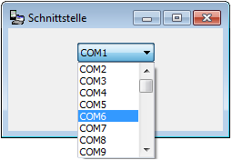 Screenshot: Auswahlliste der COM-Schnittstellen im Windows-Geräte-Manager (Schnittstelle COM6 markiert)