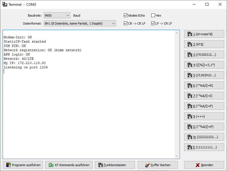 Screenshot Terminalfenster: Testausgaben mit Netzwerkanmeldung, SIM-PIN-Status, zugewiesener IP-Adresse und Port