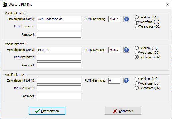 Screenshot BA-ModSet: Dialog „Weitere PLMNs“ mit Einstellungen für Mobilfunknetz 2 bis 4